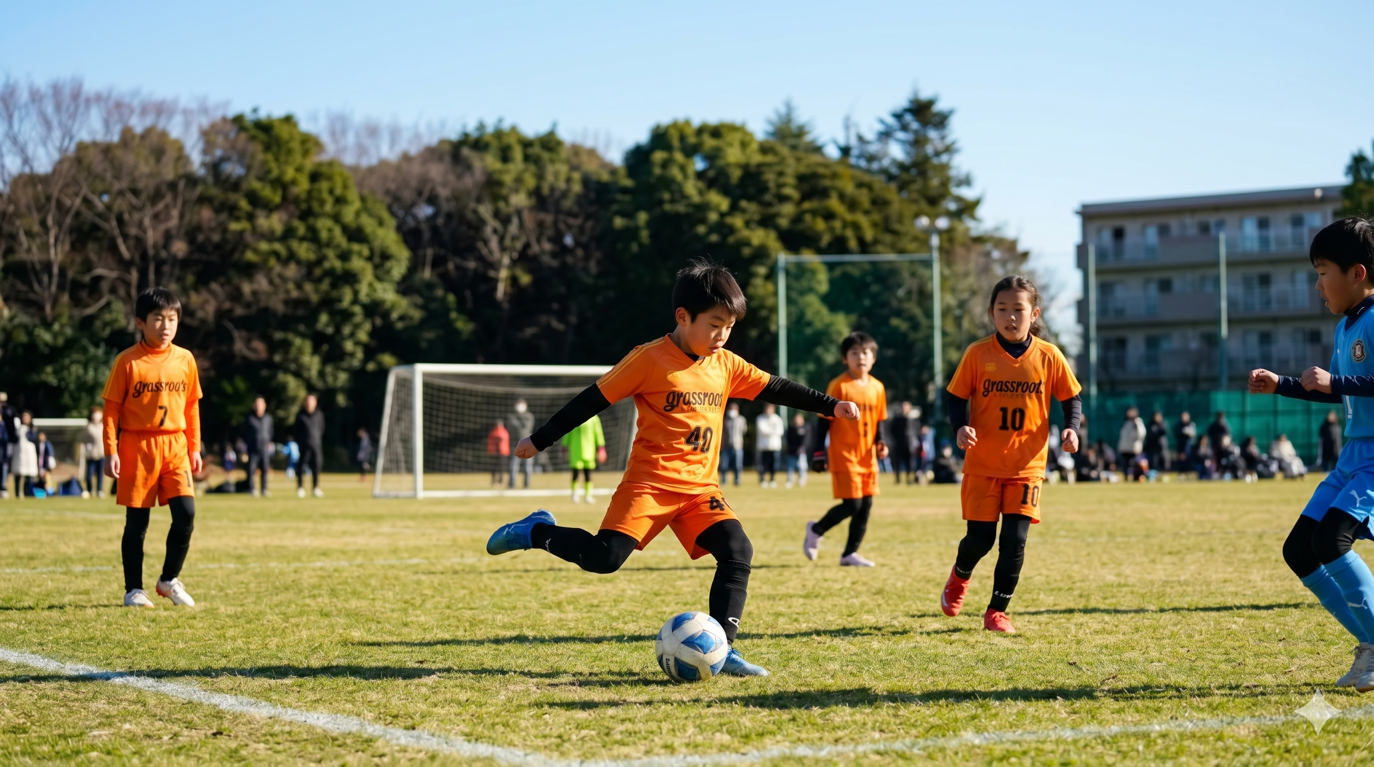試合でボールを運ぶ湯島小サッカークラブの選手たち